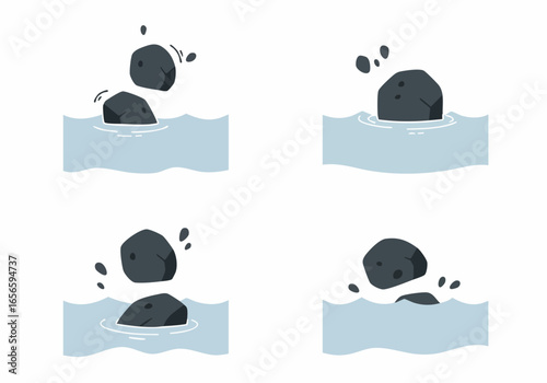 Simple illustration of a rock dropping into water, showing splash and ripple effects in a four-panel sequence.