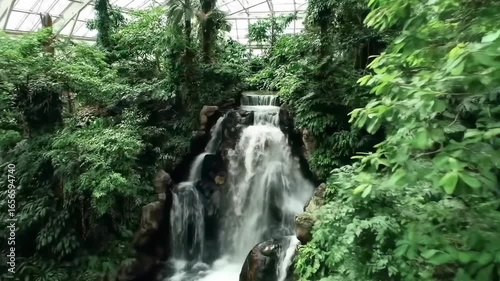 Tropical rainforest waterfall indoor scene lush greenery bright lighting