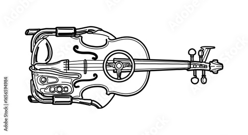 Automotive violin music instrument with car dashboard and steering wheel black and white line art drawing