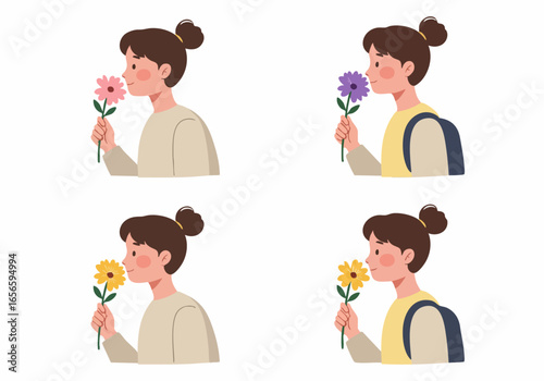 Young woman smelling flowers, a collection of flat illustrations depicting joy and appreciation for nature's simple beauty.