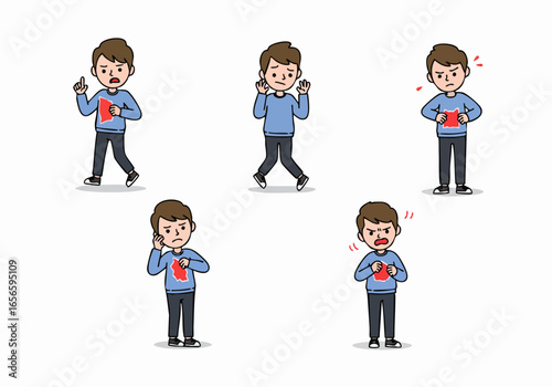 Cartoon man experiencing heart pain, stress, and anxiety with various expressions of discomfort and fear.