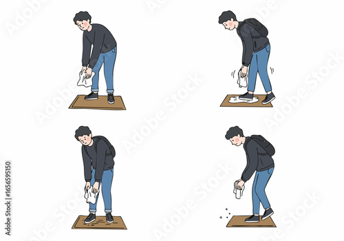 Illustrative sequence of a young man diligently cleaning a spill on a floor mat with a cloth, demonstrating the process of tidying up a messy area.