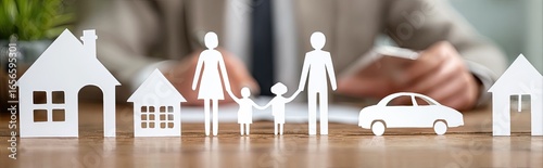 Family, home, and car cutouts on a table.  A person is in the background