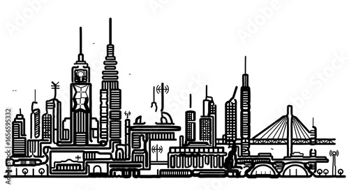 Modern city skyline illustration with skyscrapers and bridge in black and white outline drawing style art