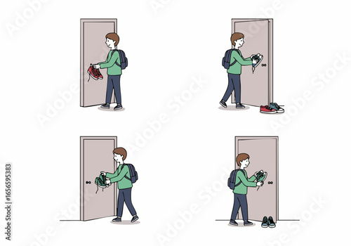 A young person cheerfully changing shoes at the doorway, illustrating the daily routine of arriving home and switching footwear.
