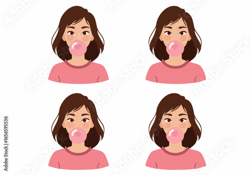 Cartoon illustration of a young woman blowing a large pink bubble gum bubble, repeated on a white background, representing youthful fun.