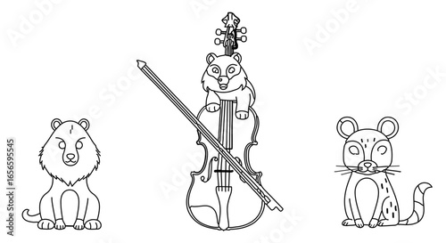 Coloring page of lion, bear playing violin, and mouse for kids activity and printable art project