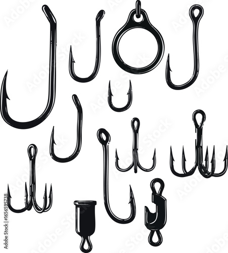 I need kinds of different Fishing Hook set victor art silhouette on white background