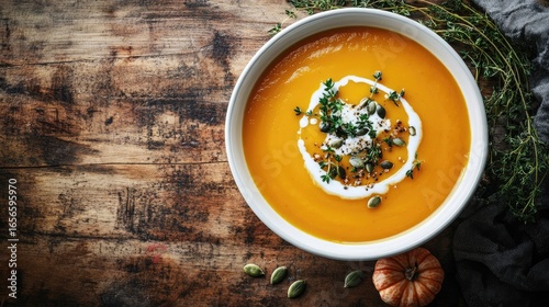 Autumn-inspired pumpkin soup with a velvety texture, decorated with cream, green thyme, and seeds, served in a white bowl on a wooden surface. Top view.