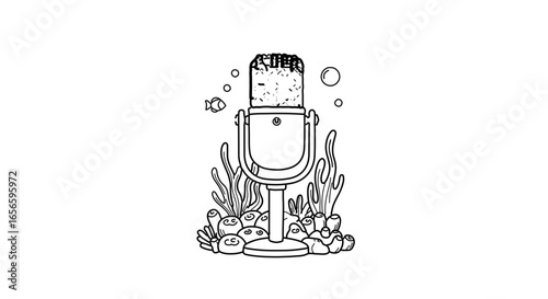 Vintage microphone underwater with coral and fish illustration vector art for podcasting and recording studio use
