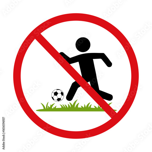 no soccer sign with red prohibition circle, black silhouette player kicking ball on grass illustration