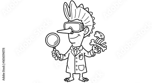 Cartoon scientist paleontologist with magnifying glass and dinosaur bones vector illustration drawing design