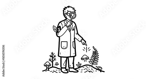 Botanist examining plants with magnifying glass in nature research study and science exploration outdoors