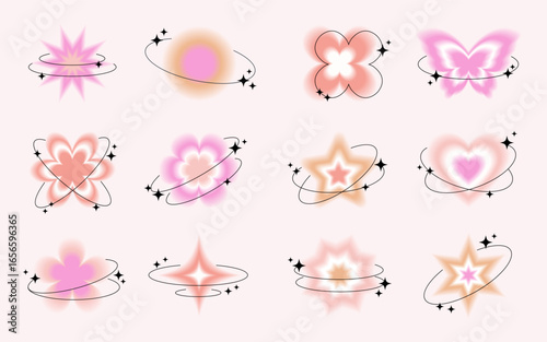 Blurred gradient shapes in Y2k style with linear forms and sparkles. Set of aura aesthetic elements.