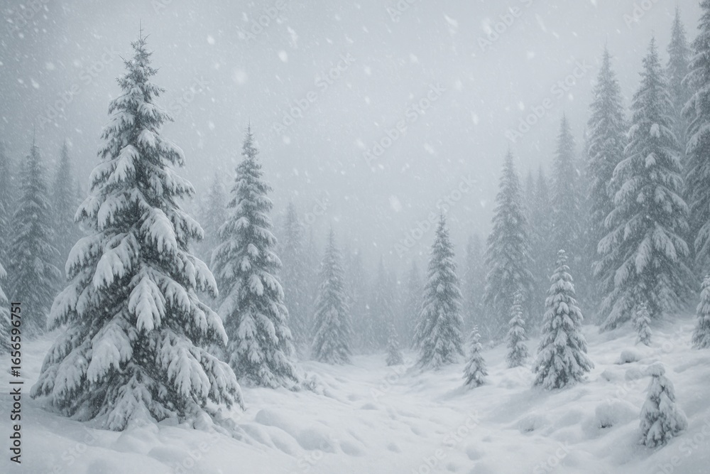 Naklejka premium Serene snowy forest landscape scene.