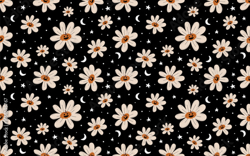 A unique Halloween seamless pattern featuring whimsical flowers with pumpkin faces, stars, and moons. Perfect for fabric, digital paper, and spooky yet cute designs.