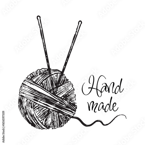 Hand made clothes concept with yarn ball hand drawn illustration. Vintage wool ball with two needles. Knitting logo design. Crayon sewing drawing. Doodle black icon, textile design, print