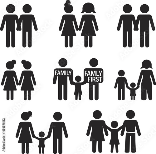 Silhouette icon set of diverse family combinations, perfect for inclusive design, parenting concepts, relationship equality, and family lifestyle graphics