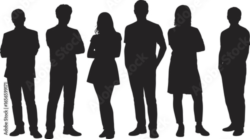 Silhouette of professional business team in formal attire, standing with confidence, suitable for leadership, teamwork, corporate strategy, and company branding