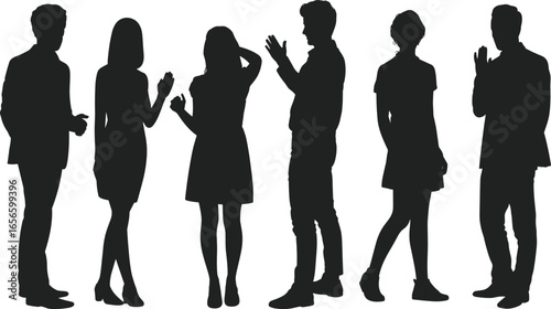 Silhouettes of men and women in conversation, standing, social interaction, communication, gesture, body language, isolated on white background