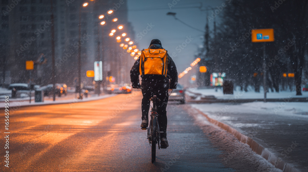 Fototapeta premium Courier rides bicycle through light snowfall on a city street in winter