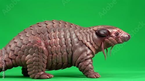 Detailed Pangolin Model with Textured Scales Against a Vibrant Green Screen Background for Easy Isolation