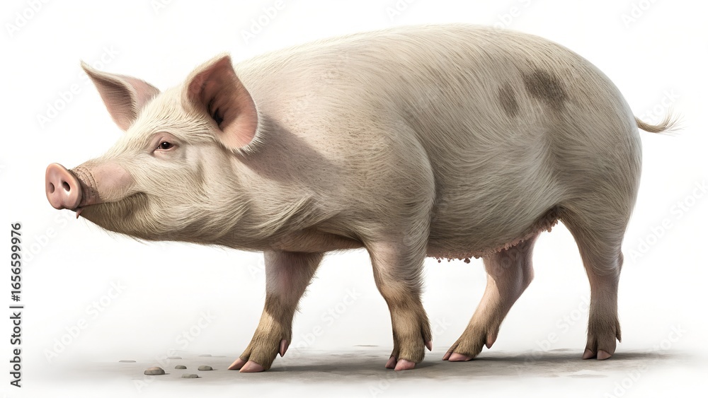 Fototapeta premium A healthy pink pig standing on a white background, isolated on white background