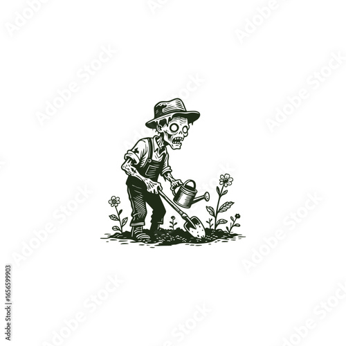 Unique engraving logo illustration of a zombie gardening flowers in detailed vintage style vector template