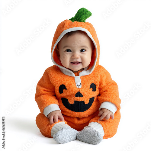 Smiling Baby in Pumpkin Halloween Costume