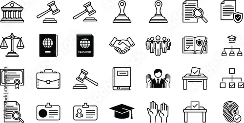 Law icons, justice symbols, government elements, legal document, passport identity, court judgment, contract agreement, education graduation, business management, security approval