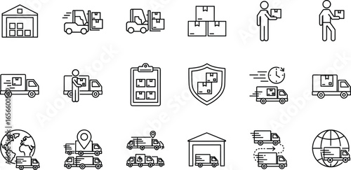 Logistics icons, delivery truck, shipping service, warehouse storage, cargo transport, global distribution, fast shipping, supply chain, package tracking, courier