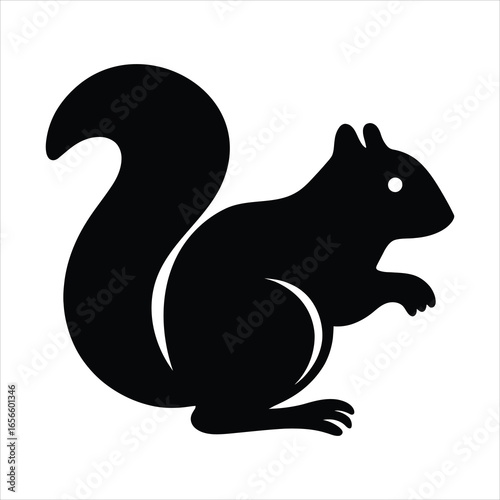 Black silhouette of a squirrel with a bushy tail on a white background