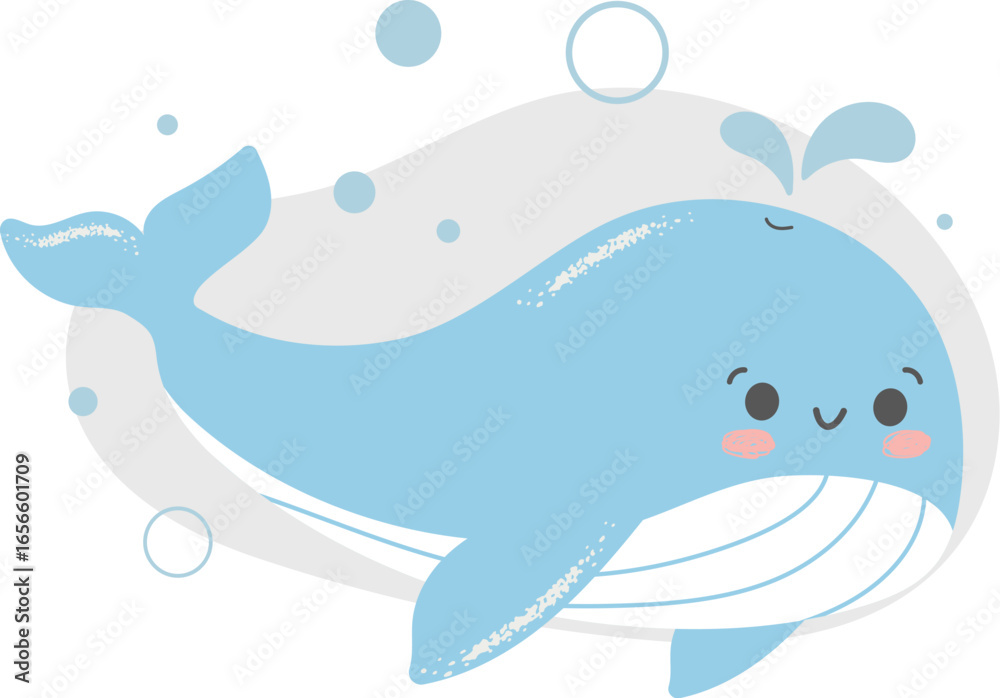 Naklejka premium A cartoon whale with a smile on its face. The whale is blue and white. It is swimming in the ocean