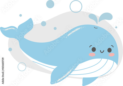A cartoon whale with a smile on its face. The whale is blue and white. It is swimming in the ocean