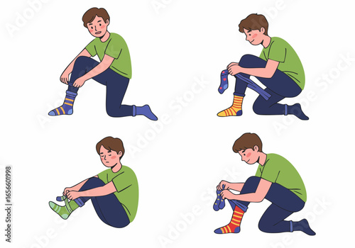 Young Man Wearing and Removing Colorful Socks: A Set of Illustrations Depicting Daily Routines and Footwear.