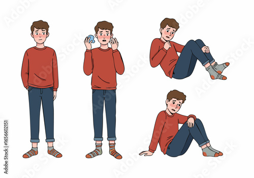Illustration of a young man experiencing various states of anxiety, shyness, and discomfort, showing blushing, sweating, and feelings of distress.