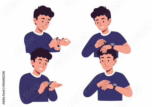 Young man putting on and checking his wristwatch, symbolizing time management and daily routine in an illustrative style.
