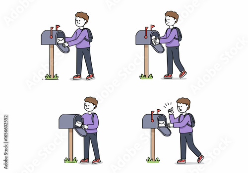 Man Interacting with Mailbox, Receiving or Sending Letters, Showing Surprise or Idea upon Mail Delivery