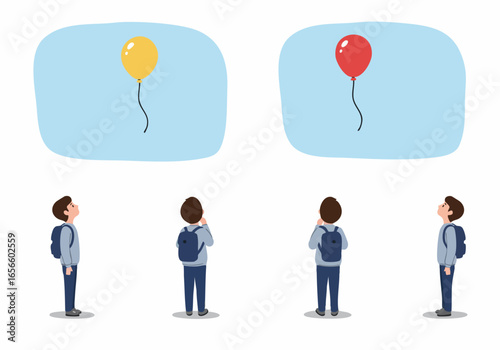 Students with backpacks looking up at thought bubbles, imagining different colored balloons, symbolizing varied choices or ideas.