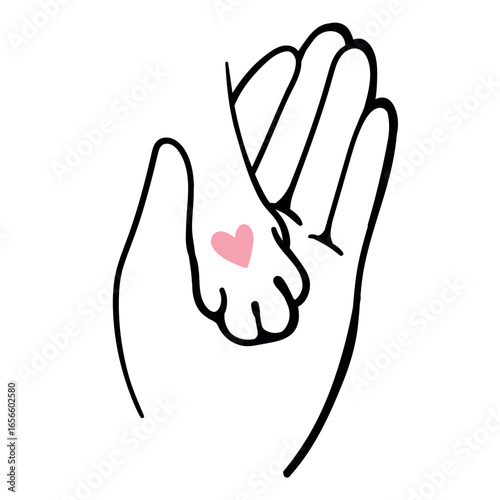Minimal vector illustration of a human hand touching a cat paw with a pink heart above. Represents love, trust, emotional connection, and compassion between pets and their owners