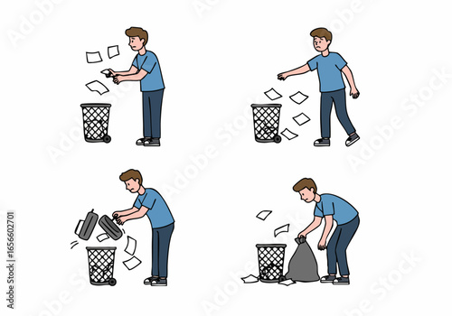 Frustrated man dealing with a messy, overflowing trash can, illustrating challenges in waste management and the need for cleanup.