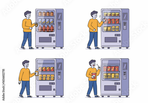 Illustrated steps of a customer using an automated vending machine for snacks and beverages.