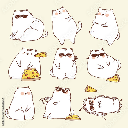Cool Cats' Pizza Party: A collection of cool cats enjoying pizza, exuding playful charm, individuality and relaxed vibe in a modern, playful style, with a light, clean aesthetic