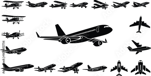 Diverse aircraft silhouettes for travel and aviation themes