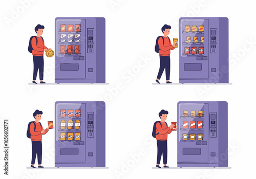 Four-step illustration of a young man buying snacks and drinks from a modern vending machine.