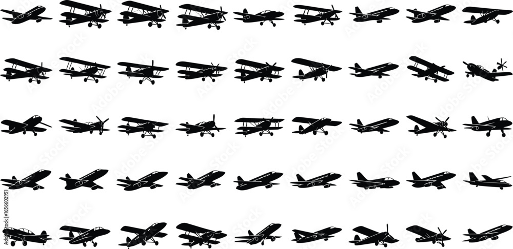 Fototapeta premium Diverse collection of black airplane silhouettes on white