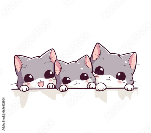 Playful Kittens: Three adorable, animated kittens peek over the top, their cute expressions filling the frame with a delightful display of playful joy and animated charm.