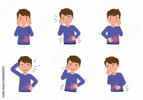 Cartoon boy experiencing stomach ache and various body pains, depicting health issues and discomfort with a visible stomach organ.