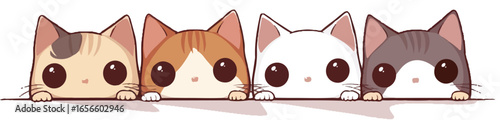 Whimsical Feline Faces: A charming illustration of four adorable cat faces, each with big, expressive eyes, peeking over a surface, offering a dose of pure, unadulterated cuteness.