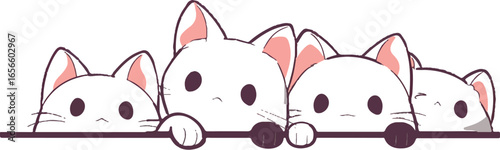 Cute Kitten Caricature: A line of adorable kittens peeks over an unseen edge, their simple, stylized forms and charming expressions a perfect example of heartwarming design. 